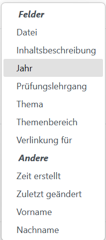 Auswahlfelder Sortierung
